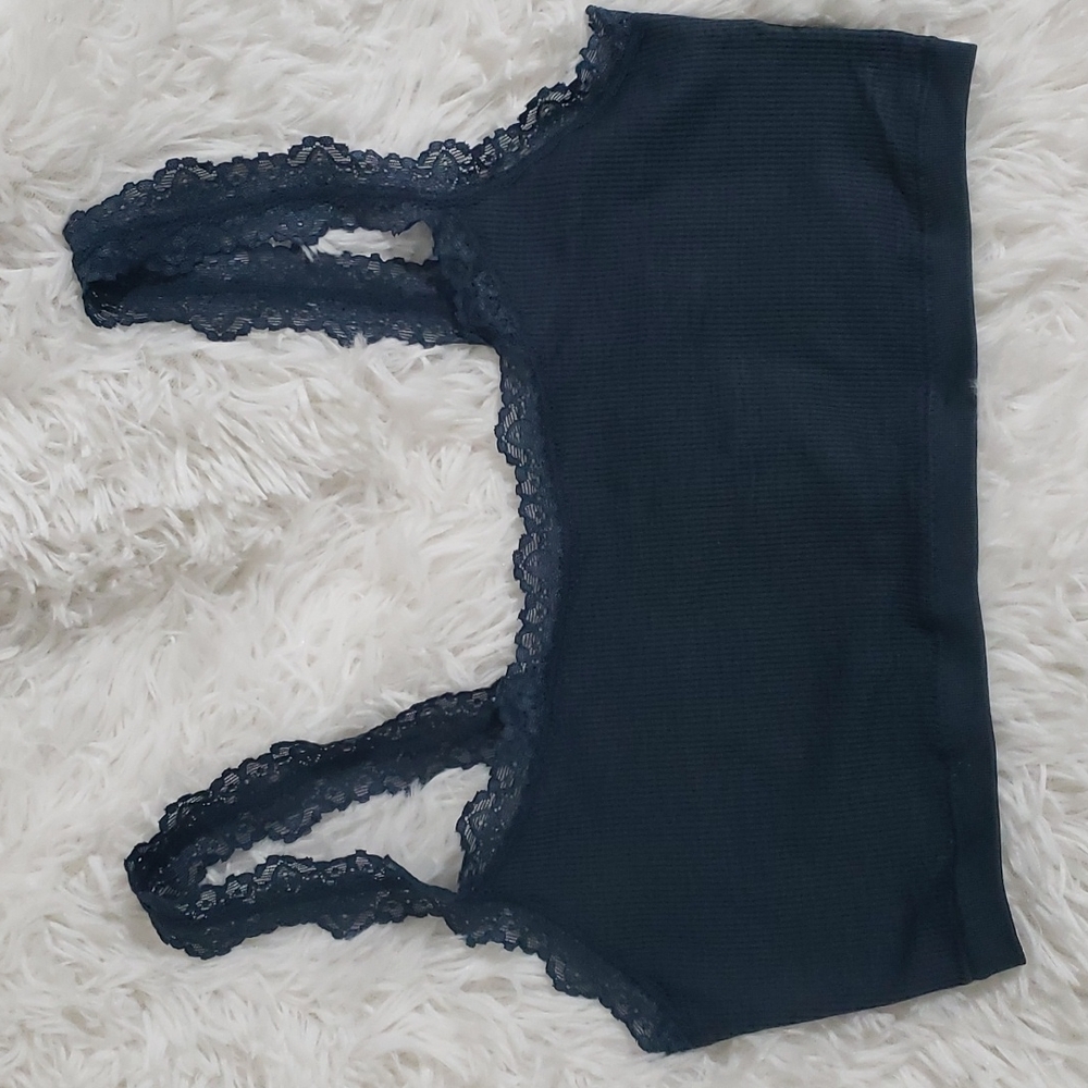 Layered with Lace, dark blue bralette with lace details, m/l